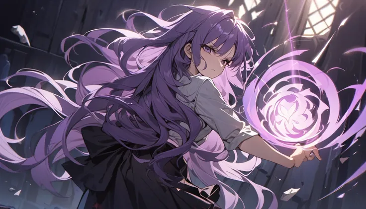 best quality, high definition, masterpiece, touhou, upright, A girl, Solitary, Purple hair, Very long hair, Wavy hair, Side bangs, Broken hair, purple, aesthetic, magic casting, focussed face, fighting stance, standing, Slightly tilt your head, back turned...