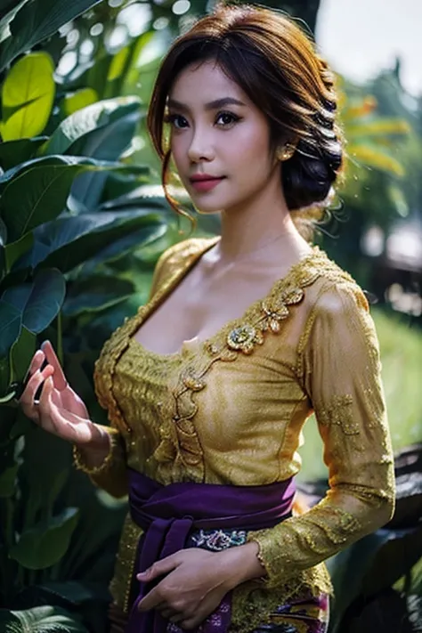 1 Indonesian-belgium girl, 25 years old, updo hair, green cupper hair colour, fit body, big breast, cleavage, skintight purple lace kebaya, batik long skirt, masterpiece, highly detailed, ultra hd, 8k, detailed face, bright eyes, perfect eyes, detailed ski...