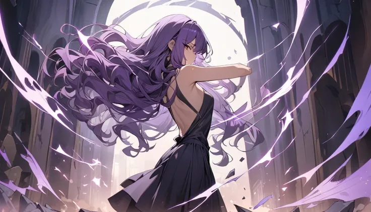 best quality, high definition, masterpiece, touhou, upright, A girl, Solitary, Purple hair, Very long hair, Wavy hair, Side bangs, Broken hair, purple, aesthetic, magic casting, focussed face, fighting stance, standing, Slightly tilt your head, back turned...