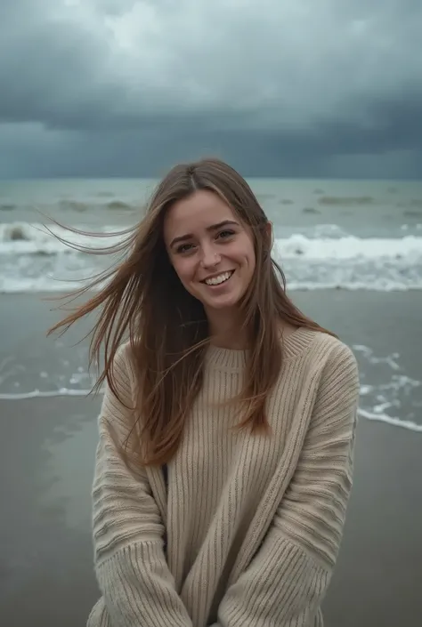 beige sweater, bare legs, bare feet, brown hair, hair blown by the wind, smile, see shore, storm at sea, grey evening, selfie 