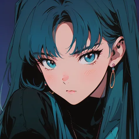 
anime girl with blue hair and black top looking at camera, Anime girl with teal hair, 90s anime art style, portrait knights of zodiac girl, 90s anime style, 90s anime style, Style artistic 80s anime, 9 0s anime aesthetic, Ilya Kuvshinov with long hair, 80...