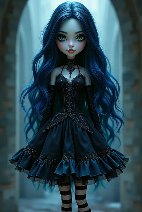 Make a vampire girl ,  white skin with blue details , Bright Green Eyes,  long black hair with blue highlights ,  black dress full of ruffles and details in white or blue.  black and white striped pantyhose , high boots. Design de monster high desenho