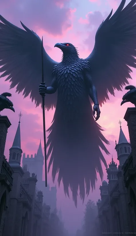 Imagine a giant humanoid raven,  with black metallic feathers ,  wearing an old, frayed cape .  His red eyes shine as he flies over a ruined Gothic city,  with gargoyles on the roofs and a purple sky at dusk .  He holds a sharp-pointed scepter .
