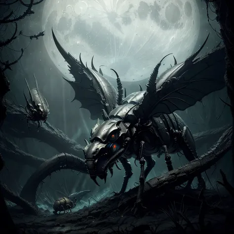 huge prehistoric insects hyper-realistic and highly detailed, covered with luminescent armor. Insects I dont know known to science. mysterious atmosphere, dark underwater scenery with full moon, glowing lights evenly distributed (best quality, 4k, 8k, high...