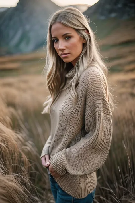 Medium Shot, ethereal, (Sarah Hofer in an earth toned sweater, contemplative expression), soft backlight, (standing near a rugged Dutch mountain path, golden grasses swaying in the wind), (85mm lens, Fujifilm GFX 100S, highly detailed, professional, fine a...