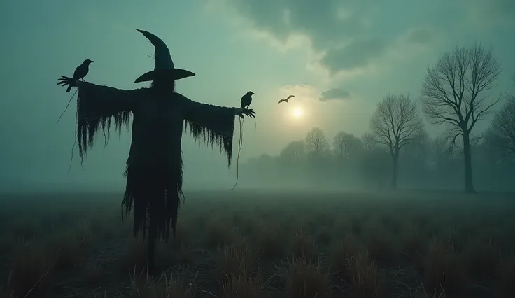 (Best Quality,hight resolution,Masterpiece, wide angle shot:1.2),Ultra-detailed, A Halloween scarecrow stands on a mown stubble field. In the distance you can see a dead forest with bare branches. evening autumn mood. fog rises from the ground. crows fly a...