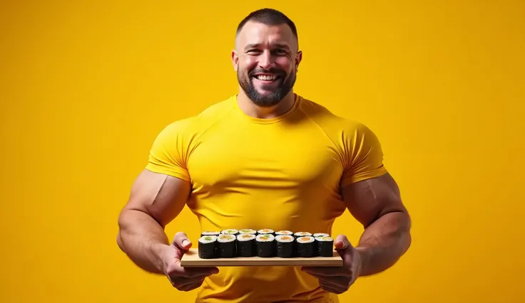 Tall Russian pumped up brutal man in a tight yellow t-shirt,  happily satisfied , Nike sneakers on feet, red shorts,  in his hands he is holding a wooden board with delicious Japanese rolls,  angle from below ,  sneakers shot from a wide angle , a man danc...