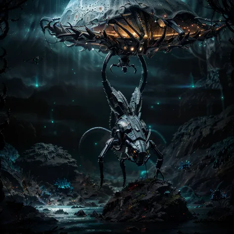 huge prehistoric insects hyper-realistic and highly detailed, covered with luminescent armor. Insects I dont know known to science. mysterious atmosphere, dark underwater scenery with full moon, glowing lights evenly distributed (best quality, 4k, 8k, high...