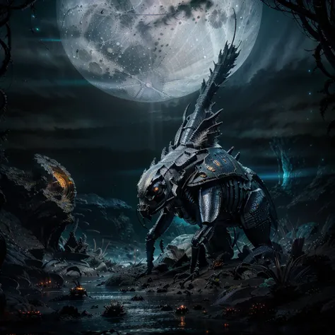 huge prehistoric insects hyper-realistic and highly detailed, covered with luminescent armor. Insects I dont know known to science. mysterious atmosphere, dark underwater scenery with full moon, glowing lights evenly distributed (best quality, 4k, 8k, high...