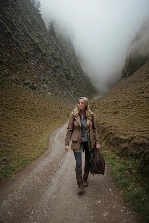 Medium Shot, ethereal, (Sarah Hofer wearing a brown jacket, contemplative expression), diffused lighting, (walking through a narrow mountain pass, fog drifting over the peaks, rugged path underfoot), (50mm lens, Fujifilm GFX 100S, soft textures, profession...