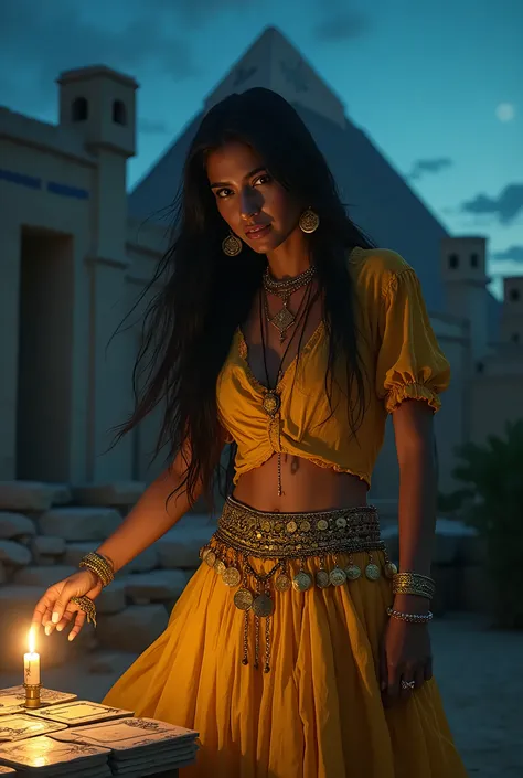 A gypsy Indian woman with long black hair wearing a long yellow skirt with coins wrapped around her wearing a yellow gypsy blouse with a castle in Egypt at dark night cards on the table