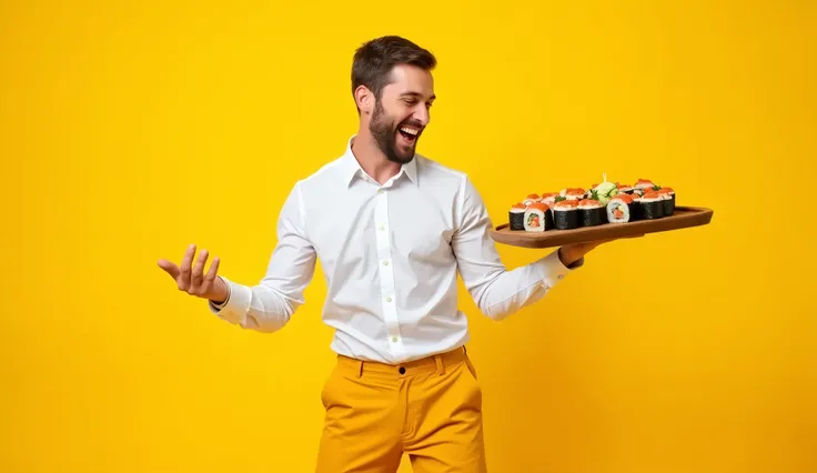 chest-length photo, A tall Russian man in a white shirt,  happily satisfied , yellow pants,  in his hands he is holding a wooden board with delicious Japanese rolls, a man dances , on a yellow background, studio lighting,  professional photography 
