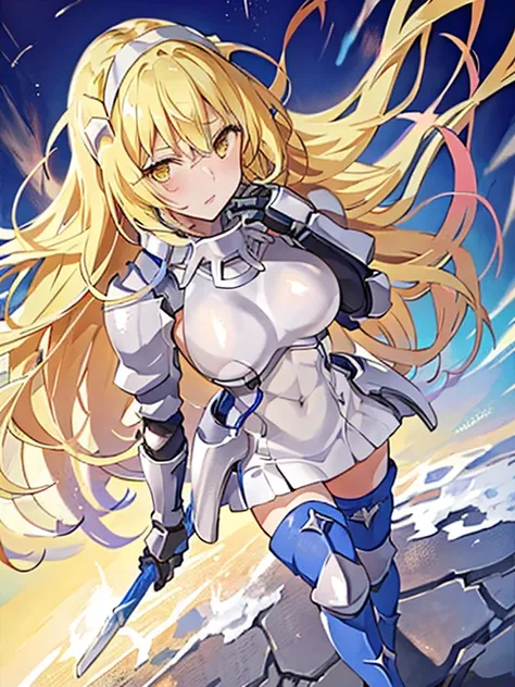 ais, 1girl, solo, blonde hair, armor, long hair, straight hair, thighhighs, boots, dress, yellow eyes, thigh boots, blue long bo...