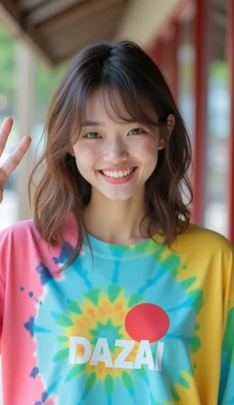 A Japanese woman in her 20s making a peace sign wearing a tie-dye T-shirt with the DAZAI logo, real photo, ultra-high resolution, 4K