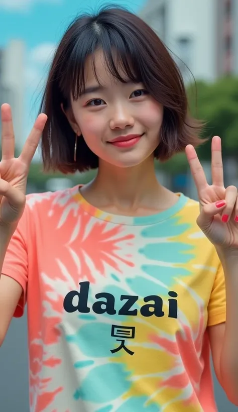 A Japanese woman in her 20s making a peace sign wearing a tie-dye T-shirt with the DAZAI logo, real photo, ultra-high resolution, 4K