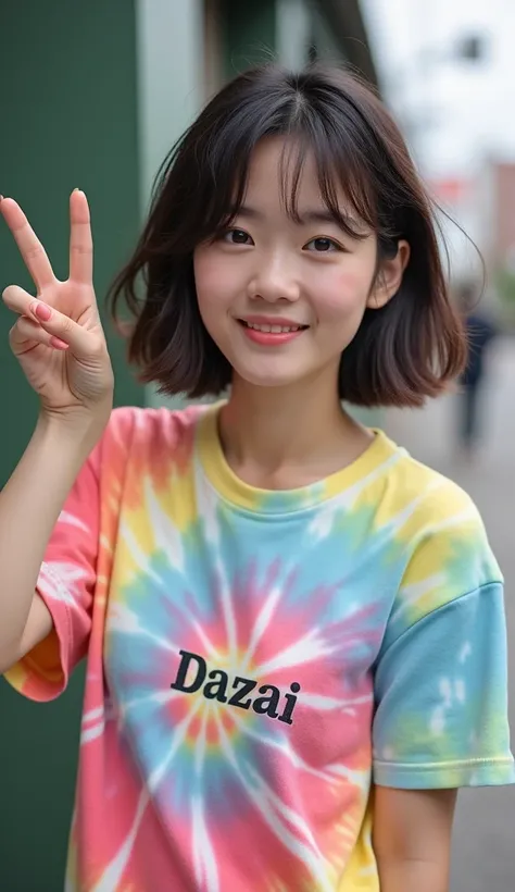 A Japanese woman in her 20s making a peace sign wearing a tie-dye T-shirt with the DAZAI logo, real photo, ultra-high resolution, 4K