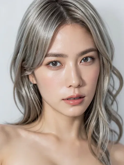 (photo Realistic:1.4), (hyper Realistic:1.4), (Realistic:1.3), (Smoother lighting:1.05), (Enhance cinematic lighting quality:0.9), 32K, One girl, 1 girl, Light skin color,Height: 172cm, Chest: 34D, ((Long, fluffy silver hair )),Realistic soft lighting, Bac...