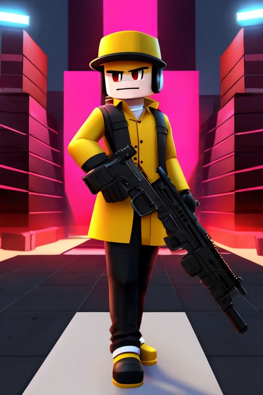 a male Roblox character with a block body with a gun