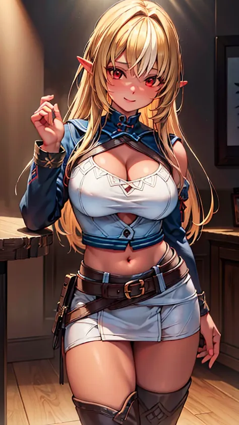 a highly detailed portrait of a female cowgirl, 1girl, solo, long golden hair, deep red eyes, ahoge, exposed midriff, cowgirl boots, belt, cleavage, smiling, realistic skin texture, cinematic lighting, rim lighting, spotlighting, beautifully sharp backgrou...