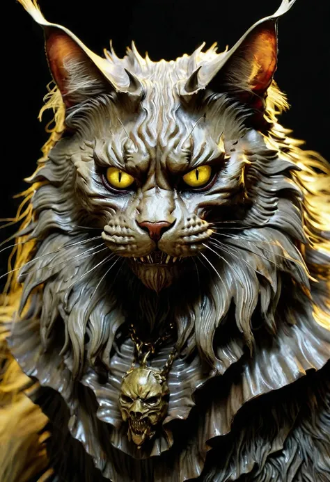 dark, creepy horror (old maine coon cat
), an evil but beautiful face, a glossy dark cherry yellow hellish look, a frighteningly...