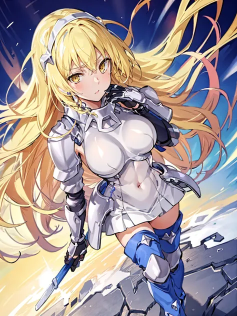 ais, 1girl, solo, blonde hair, armor, long hair, straight hair, thighhighs, boots, dress, yellow eyes, thigh boots, blue long bo...