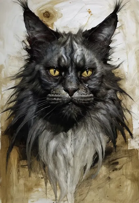 Dark, creepy horror (old Maine Coon cat
), an evil but beautiful face, a glossy dark cherry yellow hellish look, a frighteningly beautiful expressive look in the style of Ashley Wood. Stephen Gammell.