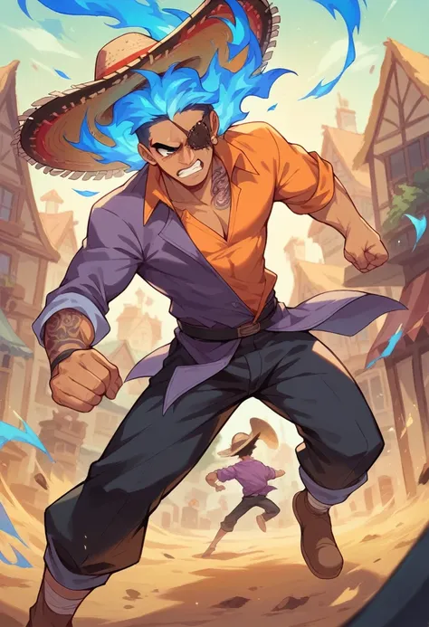 Mexican boy, sombrero,patch on the eye, He peeled long brown , orange shirt,  a purple pullover and his sleeves folded above his forearms, black pants, tattoos on forearms, town, fight, blue fire in the wells