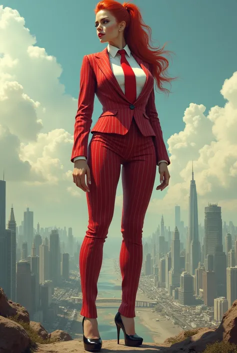  Young adult 1 woman, beautiful curves a massive curvy thighs redhead ponytail red lips wearing a perfect crimson pinstriped suit trousers with a ((massive thick and massive red necktie, windosr knot the size of a fist)) white crisp shirt, massive breasts....