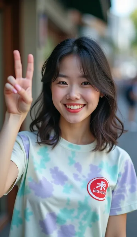 A Japanese woman in her 20s making a peace sign wearing a tie-dye T-shirt with the DAZAI logo, real photo, ultra-high resolution, 4K short sleeve