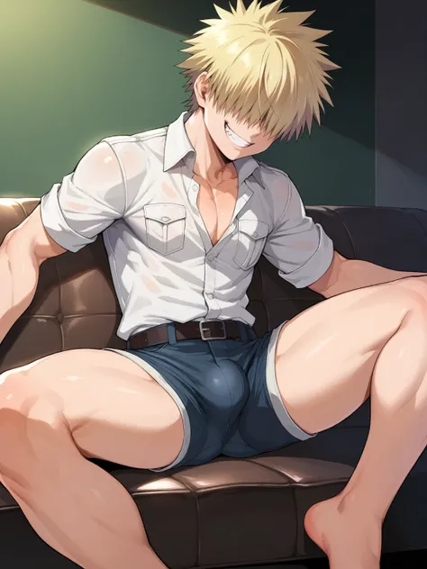 score_9, score_8_up, score_7_up, score_6_up, source_anime, BREAK by ikuchan kaoru, iku, clean color, flat color, 1boy, sitting, indoors, couch, muscular, extremely, ((hellsing)), smug grin, holding laugh, genderswap ftm, genderbend, hair over eyes, huge di...