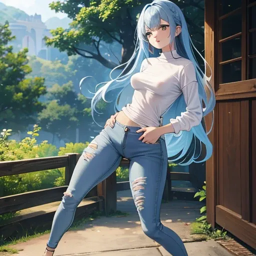  white to blue gradation hair color 　Lang hair 　Blue Hair Band　Very Skinny　((Tight jeans))long sleeve brown knit　One girl　Big bulging and swollen pussy　Wedged pussy　NSFW I laugh embarrassingly　Soaking wet　M-shaped legs