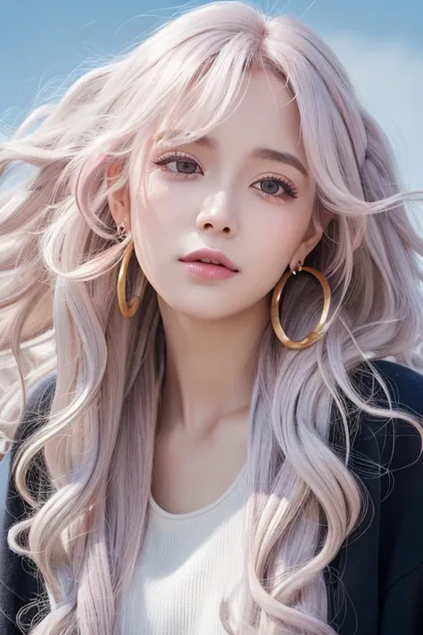 One girl, Hair blowing in the wind, Hoop Earrings, Droopy eyes, High resolution, High detail, Very detailed, Ultra high definition, Textured skin, Long Hair, ponytail, ((Light grey and pale pink hair))、((Curly hair ends))