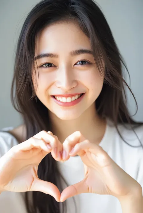 Smiling face with hands making a heart shape:2.0、Tilt your face slightly to the right ;2.1 (Ultra-Accurate Human Anatomy, Best Quality、RAW Photos、8k、32K、masterpiece、Realistic、Photorealistic:1.37)、Cute Japanese women images、Tank tops、Photographed in natural...