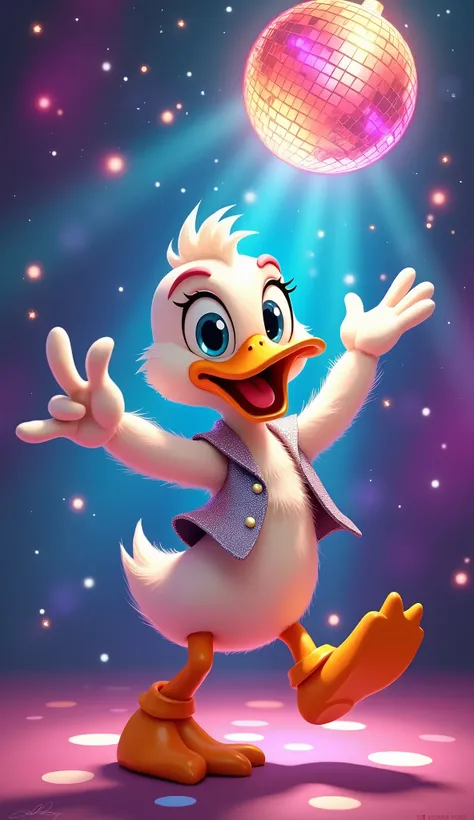 Tiny cartoon duck with big, lively eyes, grooving under a shimmering disco ball. The duck wears a shiny silver vest and bell-bottom pants, set against a colorful starry galaxy. The scene captures the duck mid-twirl, surrounded by sparkling light reflection...