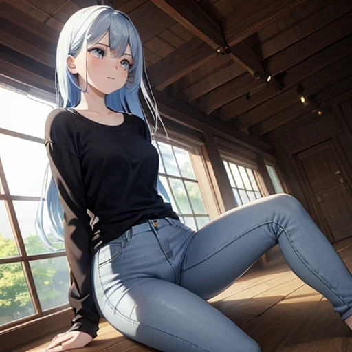  white to blue gradation hair color 　Lang hair 　Blue Hair Band　Very Skinny　((Tight jeans))Flannel shirt　One girl　Wedged pussy　nsfw embarrassed very sad expression　Squat down and spread your legs