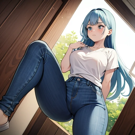  white to blue gradation hair color 　Lang hair 　Blue Hair Band　Very Skinny　((Tight jeans))Flannel shirt　One girl　Wedged pussy　nsfw embarrassed very sad expression　Open your feet and do exercises