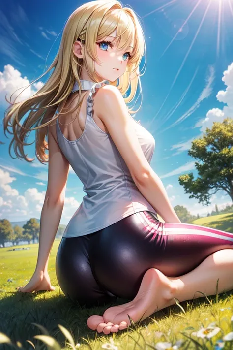 Vast plain of green grass , sunny day , Extremely beautiful thirteen-year-old girl with four on the grass , looking back , with his back to the viewer , short white sleeveless blouse without print , pink leggings , bare feet , long blonde hair , large expr...