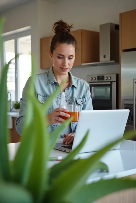  Image of a person preparing Aloe Juice in their modern kitchen while reviewing business graphics on their laptop. The environment is fresh and natural .
