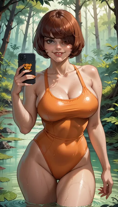 perfect selfie , velma, orange swimsuit,orange swimsuit,((hair covers one eye)),brown eyes, smile,,windy,thick thighs,large brea...