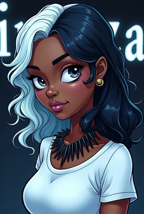 Create a cartoon-style image of a black woman with dark, glowing skin. Her hair is wavy and unique, with one side white and the other black. She has striking silver eyes and wears a simple white t-shirt. Around her neck, there is a black spiked necklace, a...