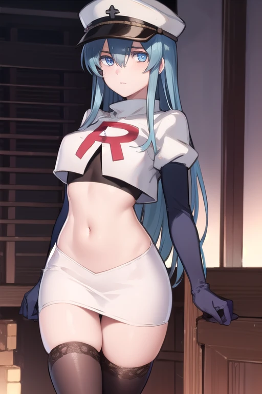 esdeath, esdeath, blue eyes, blue hair, long hair,
break hat, ice, peaked cap, team rocket,team rocket uniform,white skirt,red l...