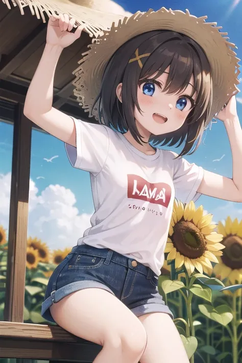 masterpiece,Best Quality, ultra detail ,One girl, ,small,Laugh happily,Sunflower Garden,Straw hat,Sunshine,cloud,Hayate Yagami, short hair, blue eyes, Brown Hair,  hair accessory, x  hair accessory,t-shirt,jeans, 