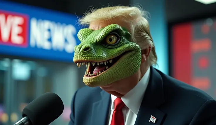 ultra realistic 8k professional photo of Donald Trump as a reptilian alien on tv news , with live neews feed banners 