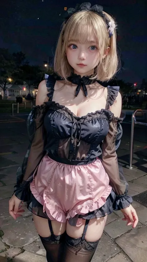 ,One beautiful girl, round face、Blonde,Short Bob、Straight Hair、 Dark blue eyes, Big eyes、Droopy eyes、White and lustrous skin、 whole body, Standing posture, Goth Fashion、up and down,Pink silk lace shiny fabric,Delicate openwork pattern、 Pink and white goth ...