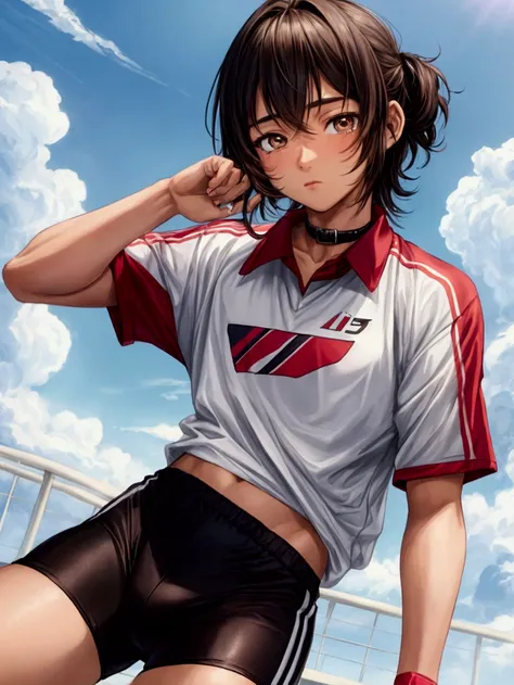 Martin Fernando , a 15-year-old boy in womens sportswear,  by black,  brown eyes, anime style