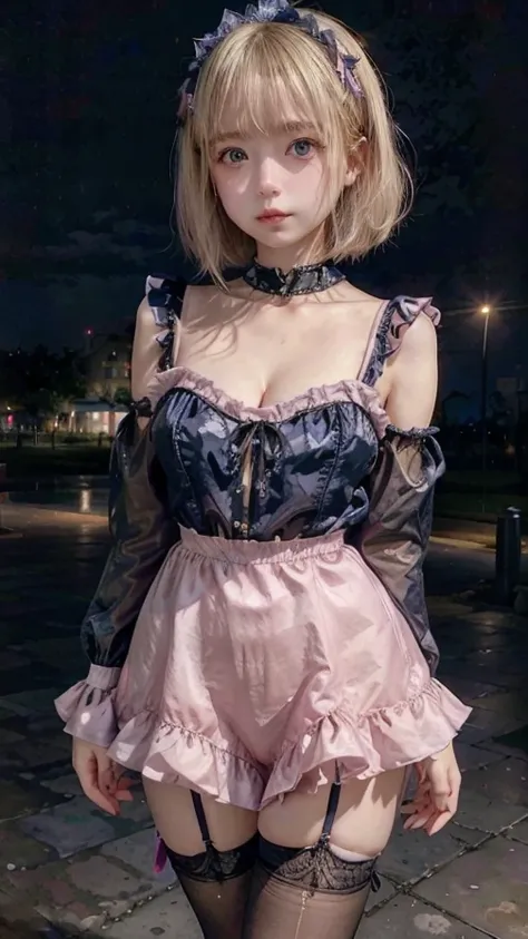 ,One beautiful girl, round face、Blonde,Short Bob、Straight Hair、 Dark blue eyes, Big eyes、Droopy eyes、White and lustrous skin、 whole body, Standing posture, Goth Fashion、up and down,Pink silk lace shiny fabric,Delicate openwork pattern、 Pink and white goth ...