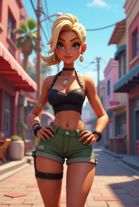 a woman, very short hair in a ponytail, light and dark blonde hair, bright caramel green eyes, diamond earrings, black strapless dress, green micro shorts, black ankle straps, short stature, cute chubby, small breasts, wide hips, ((fortnite style))