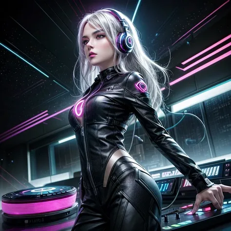 woman with radiant white hair, with headphones, using a DJ controller, creates a cinematic style image with the name "DMBMIX" as the cover of her YouTube channel, featuring a futuristic, high-tech design inspired by cinematic innovation , with dominant col...