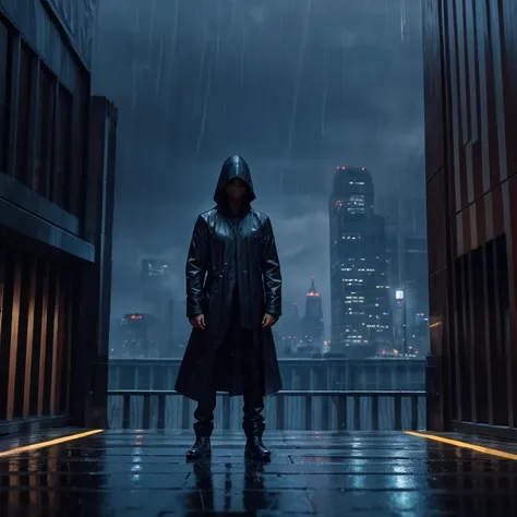 Design a cover of a man on top of a futuristic building in the rain with a hood watching the city 