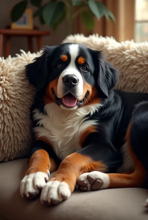 A  Bernese Mountain Dog laying on couch